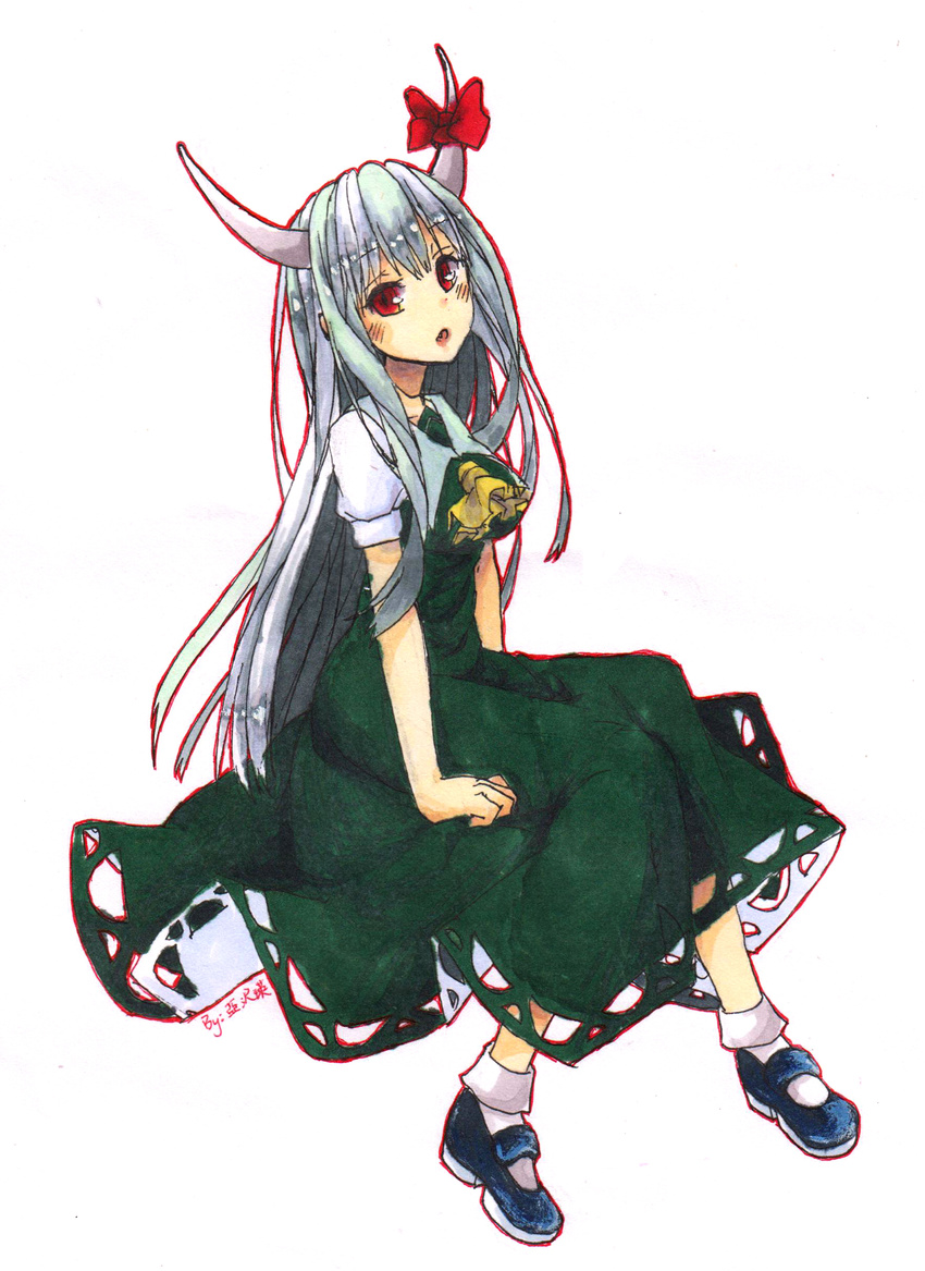 absurdres asawa_ei dress ex-keine green_dress green_hair highres horns kamishirasawa_keine long_hair red_eyes ribbon shoes solo touhou traditional_media white_background