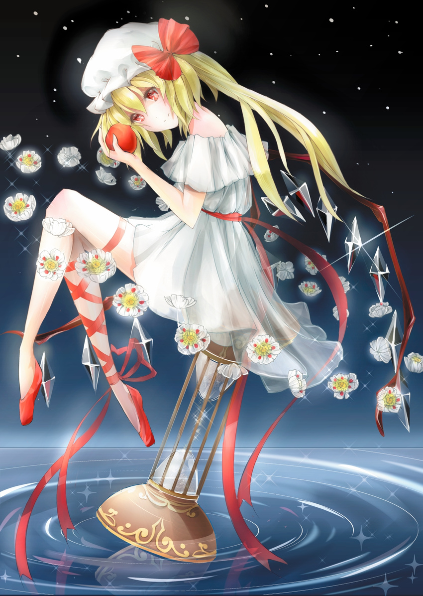 airbrush_(medium) apple bad_id bad_pixiv_id blonde_hair colored_pencil_(medium) darkness dress flandre_scarlet flower food fruit hat hat_ribbon highres hourglass leg_ribbon light_particles namari_(angelaqxi) red_eyes red_footwear reflection ribbon sash see-through shoes side_ponytail sitting sitting_on_object smile solo sparkle touhou traditional_media watercolor_(medium) waves white_dress wings