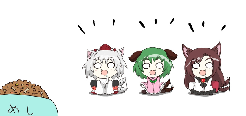 3girls animal_ears brooch brown_hair commentary_request detached_sleeves dog_food dress drooling frills green_hair hat imaizumi_kagerou inubashiri_momiji jewelry kasodani_kyouko long_hair long_sleeves multiple_girls open_mouth saliva silver_hair sitting tail tail_wagging tokin_hat touhou toys_(pixiv) trait_connection translated white_background wide_sleeves wolf_ears wolf_tail