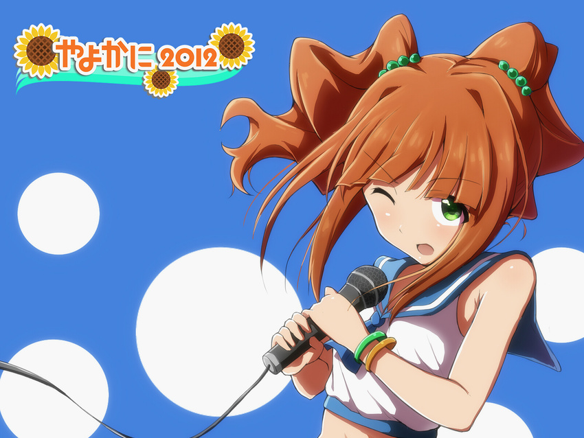 2012 bracelet flower green_eyes highres idolmaster idolmaster_(classic) jewelry microphone one_eye_closed open_mouth orange_hair rariemonn short_hair sleeveless solo sunflower takatsuki_yayoi twintails