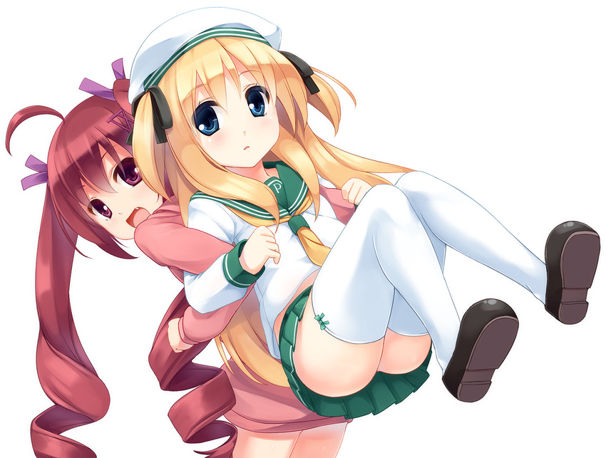 :d ahoge blonde_hair blue_eyes blush borrowed_character fang hair_ribbon hat hazuki_watora hood hoodie locked_arms long_hair looking_at_viewer multiple_girls naked_hoodie open_mouth original red_eyes red_hair ribbon school_uniform serafuku shimotsuki_potofu skirt smile sorano_(12gou) thighhighs twintails two_side_up white_legwear