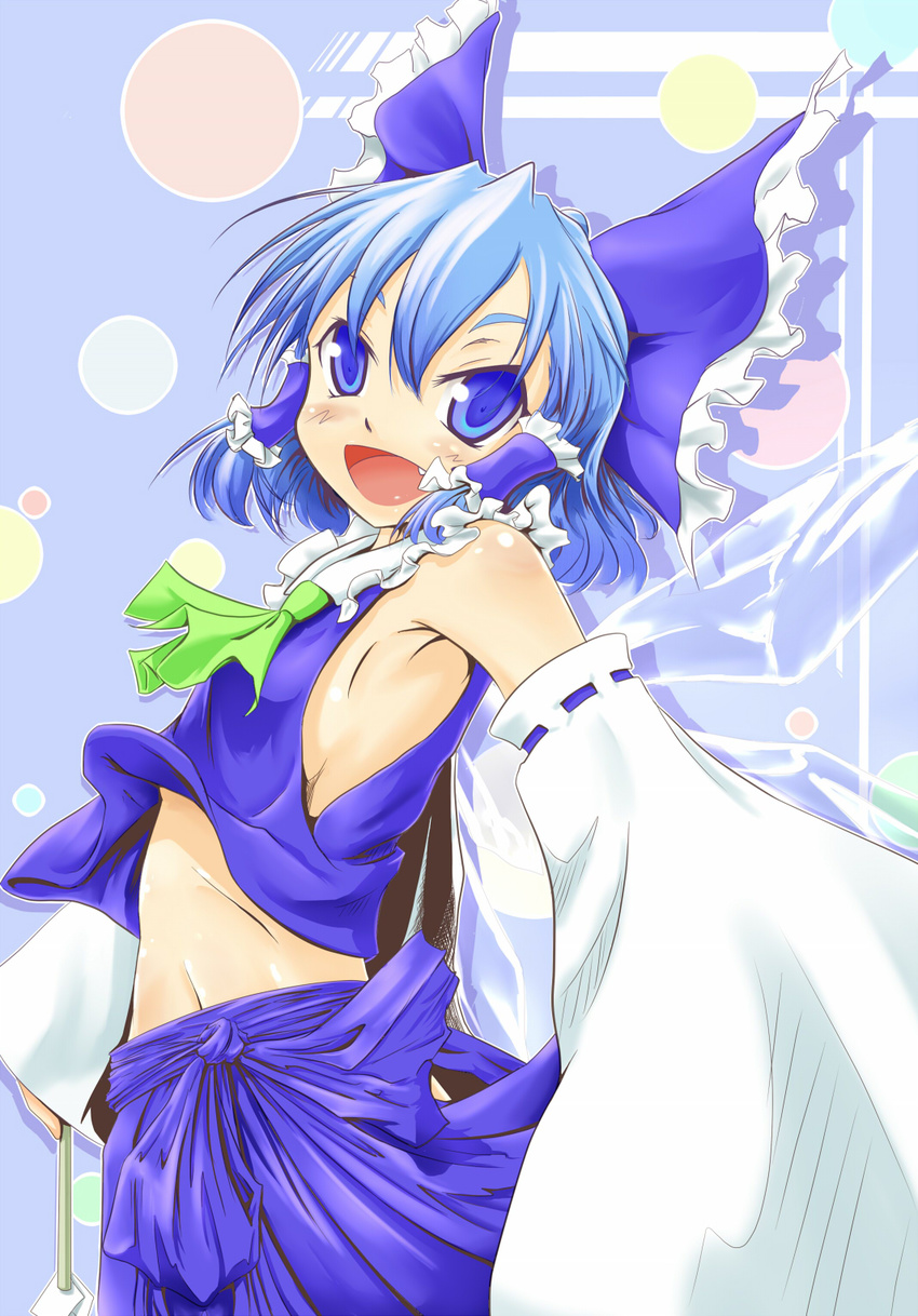 alternate_color armpits ascot blue_background blue_eyes blue_hair bow breasts cirno cosplay detached_sleeves fang flat_chest gohei hair_bow hair_tubes hakurei_reimu hakurei_reimu_(cosplay) highres looking_at_viewer midriff navel open_mouth polka_dot polka_dot_background short_hair sideboob skirt skirt_set solo touhou white_sleeves wings yrjxp065