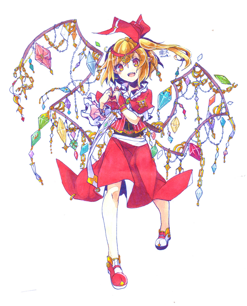 absurdres asawa_ei blonde_hair flandre_scarlet highres jewelry mismatched_footwear orange_eyes pointy_ears ribbon short_hair solo touhou traditional_media white_background wings