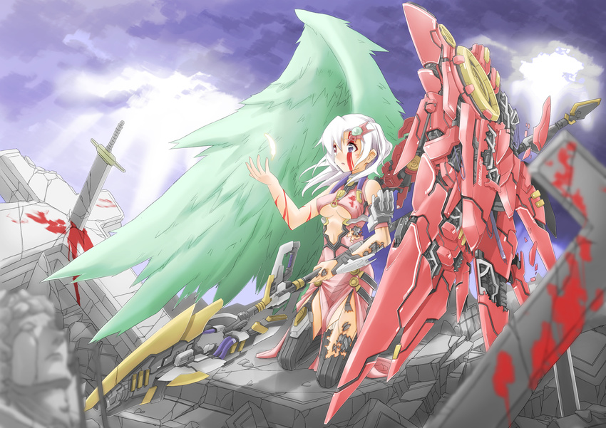asymmetrical_wings blood breasts cross feathers green_wings heterochromia highres mecha_musume mechanical_wings medium_breasts original red_wings shikapu solo sword torn_clothes weapon wings