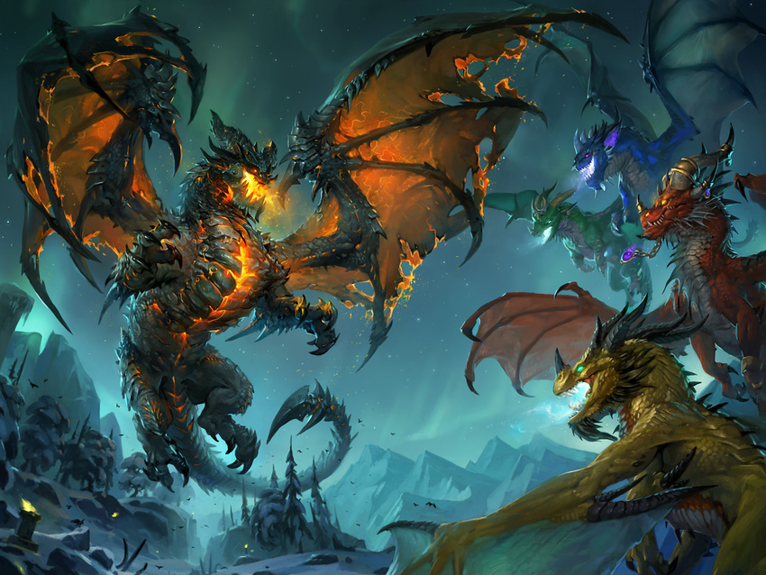alexstrasza deathwing dragon dragons fire highres horns kalecgos nozdormu snow tree warcraft wings world_of_warcraft ysera