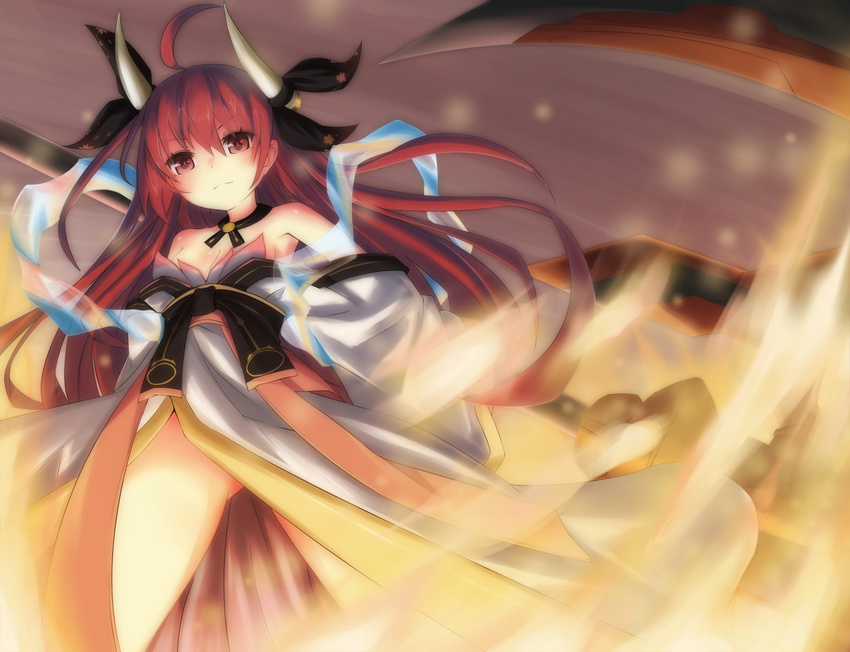 ahoge blush breasts chawa_(yossui009) cleavage date_a_live fire groin highres itsuka_kotori long_hair long_sleeves off_shoulder red_eyes red_hair shawl small_breasts smile solo twintails very_long_hair weapon