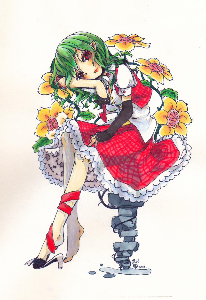 :o absurdres asawa_ei barefoot black_neckwear dress flower full_body green_hair head_rest highres kazami_yuuka leg_ribbon looking_at_viewer necktie parted_lips pointy_ears red_dress red_eyes ribbon shoes simple_background single_shoe sitting solo stool tareme touhou traditional_media white_background yellow_background