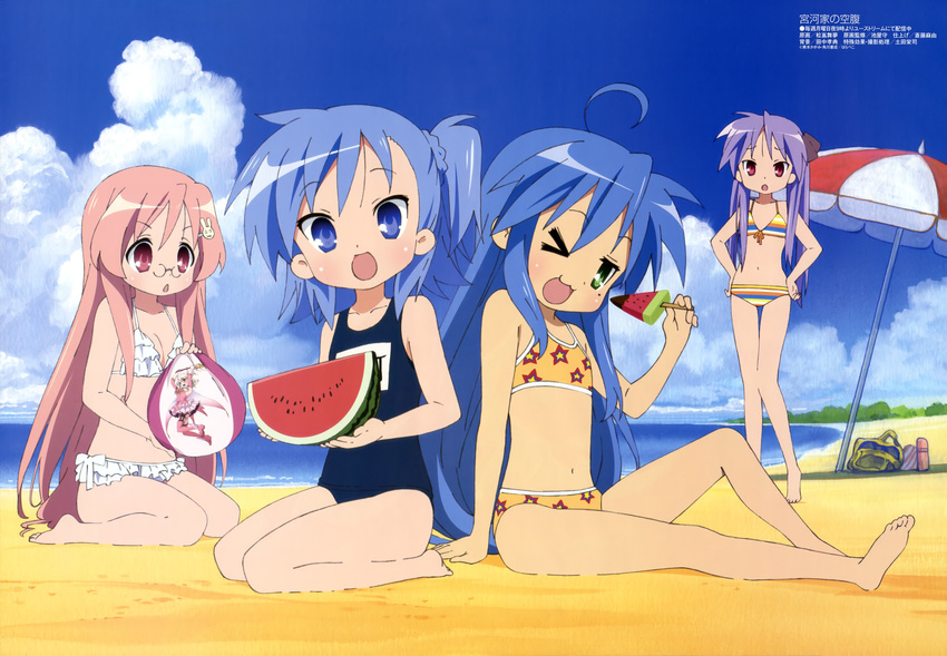 :3 :d :o absurdres ahoge alternate_eye_color back-to-back bag ball bangs barefoot beach beachball bikini blue_eyes blue_hair blue_swimsuit blush bow bow_bikini braid breasts bunny_hair_ornament cameo chestnut_mouth child cleavage cloud creator_connection crossover day fate/kaleid_liner_prisma_illya fate_(series) feet flat_chest food frilled_bikini frills front-tie_top fruit glasses green_eyes hair_between_eyes hair_ornament hair_ribbon half_updo hands_on_hips head_tilt highres hiiragi_kagami holding holding_ball illyasviel_von_einzbern izumi_konata legs long_hair long_legs looking_at_viewer lucky_star magical_girl magical_ruby matsushima_maimu megami miyakawa-ke_no_kuufuku miyakawa_hikage miyakawa_hinata mole mole_under_eye multicolored multicolored_stripes multiple_girls name_tag navel ocean official_art on_ground one-piece_swimsuit one_eye_closed one_side_up open_mouth orange_swimsuit outdoors parasol pince-nez pink_hair popsicle print_bikini prisma_illya purple_eyes purple_hair red_eyes ribbon scan school_swimsuit seiza shadow short_hair siblings sidelocks sisters sitting sky small_breasts smile soles sports_bikini standing star star_print striped striped_bikini striped_swimsuit swimsuit thigh_gap twintails umbrella very_long_hair water watermelon watermelon_bar