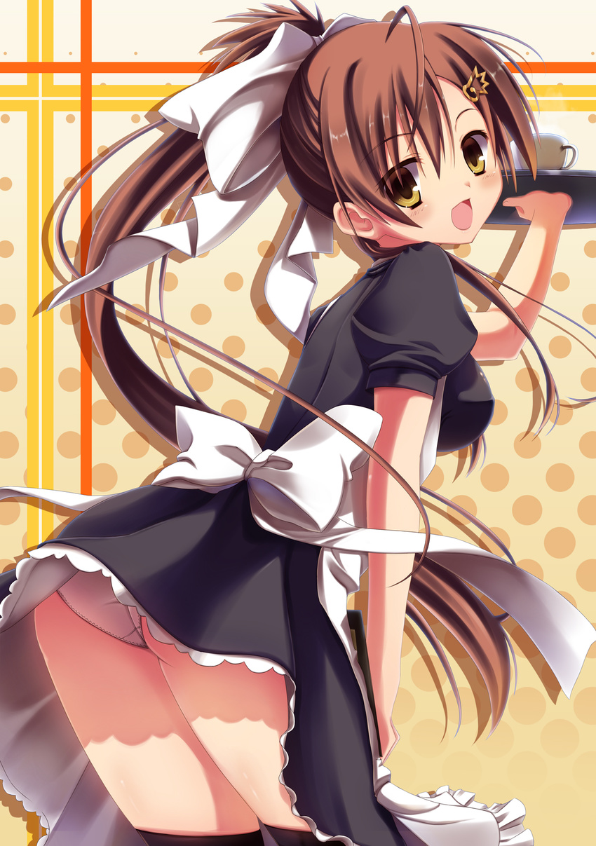 :d apron ass black_legwear breasts brown_hair cup from_behind head_tilt highres looking_at_viewer maid_apron medium_breasts open_mouth panties pantyshot pantyshot_(standing) polka_dot polka_dot_background ponytail puffy_short_sleeves puffy_sleeves short_sleeves simple_background smile standing tenshinranman thighhighs tray underwear waist_apron waitress white_panties yamabuki_aoi yellow_eyes yuzu_modoki