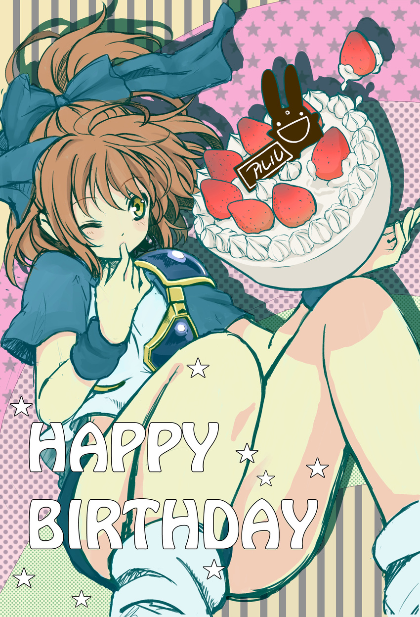 :d absurdres akakokko arle_nadja bare_legs bow brown_hair cake cameo carbuncle_(puyopuyo) character_name chocolate finger_in_mouth food fruit hair_bow half_updo highres madou_monogatari one_eye_closed open_mouth pink_background puyopuyo shirt short_hair shorts smile solo strawberry yellow_eyes