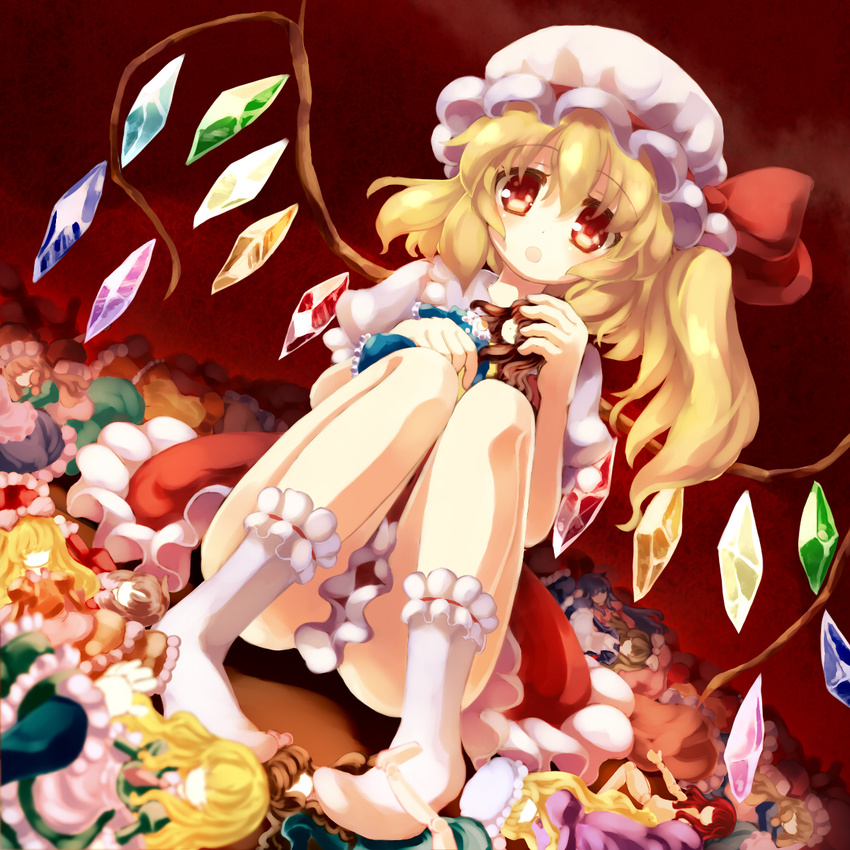 blonde_hair blue_dress brown_dress brown_hair character_doll doll doll_joints dress flandre_scarlet gengetsu_chihiro green_eyes hat hat_ribbon highres looking_at_viewer mob_cap open_mouth pigeon-toed puffy_sleeves purple_dress red_dress red_eyes red_hair ribbon short_sleeves side_ponytail sitting solo touhou wings