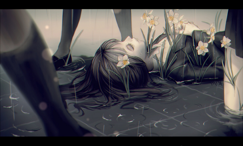 bad_id bad_pixiv_id brown_hair chromatic_aberration closed_eyes flower hands_clasped kawamata_junko long_hair lying on_back original overgrown own_hands_together rain shoes socks solo_focus water