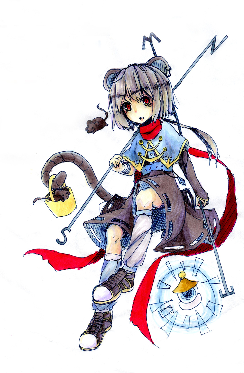 absurdres animal_ears asawa_ei bangs basket bishamonten's_pagoda blunt_bangs blush capelet dowsing_rod full_body grey_hair highres jewelry looking_at_viewer mouse mouse_ears mouse_tail nazrin pendant red_eyes scarf short_hair sitting solo stick tail touhou traditional_media white_background
