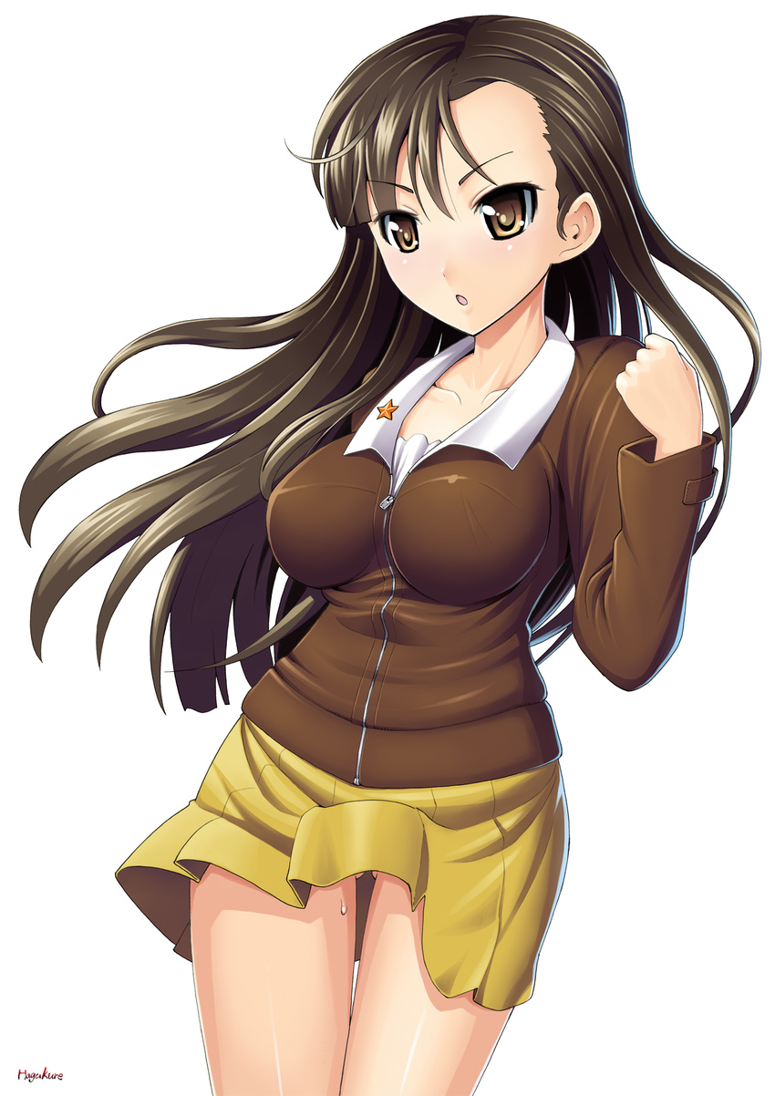 ass_visible_through_thighs breasts brown_eyes brown_hair chi-hatan_military_uniform girls_und_panzer highres impossible_clothes impossible_shirt jacket large_breasts long_hair long_sleeves military military_uniform miniskirt nishi_kinuyo number10_(hagakure) pleated_skirt shirt skirt solo standing thigh_gap thighs uniform