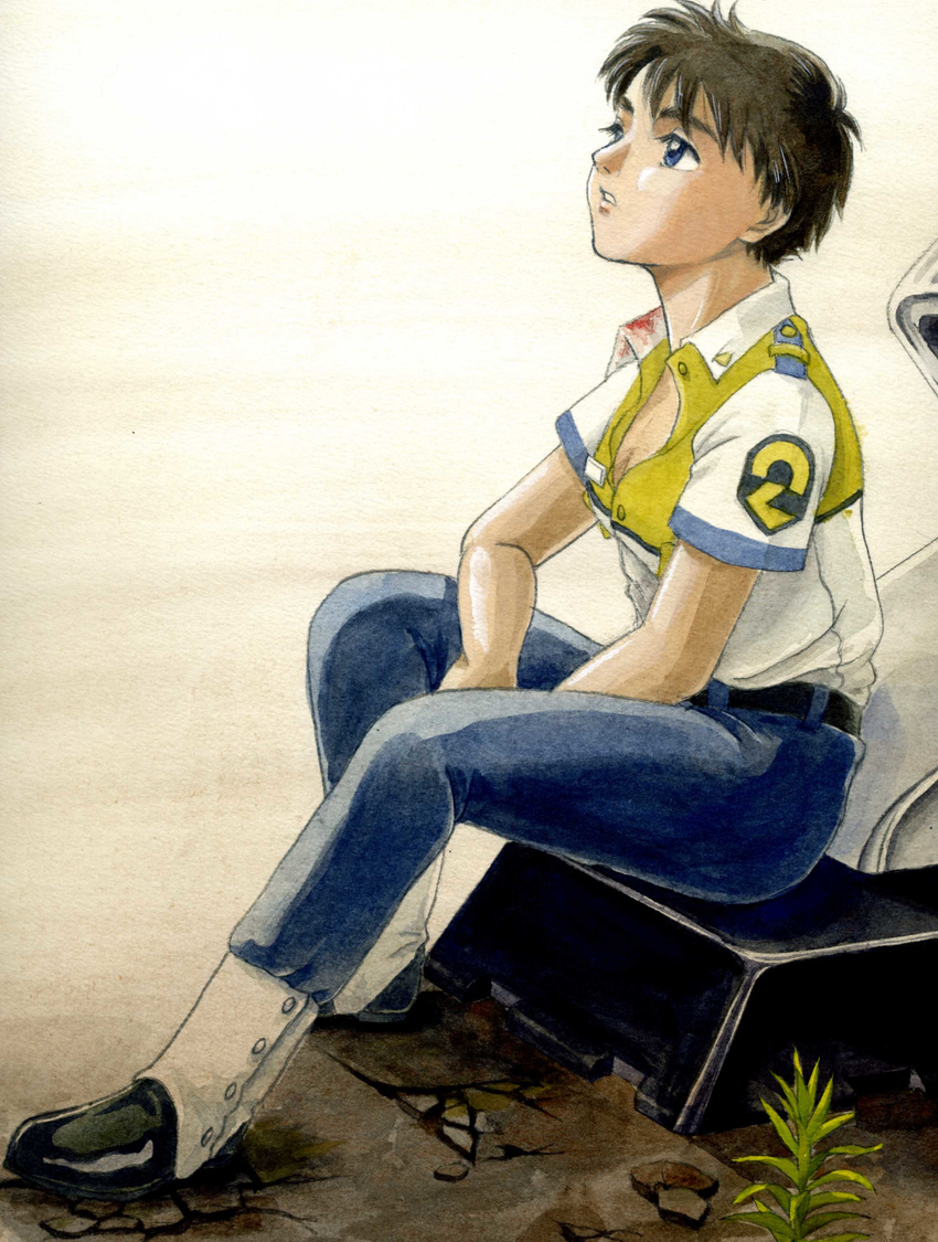 absurdres acrylic_paint_(medium) blood bloody_clothes blue_eyes breasts brown_hair cleavage gaiters highres izumi_noa kidou_keisatsu_patlabor open_clothes short_hair short_sleeves sitting small_breasts traditional_media uirina uniform