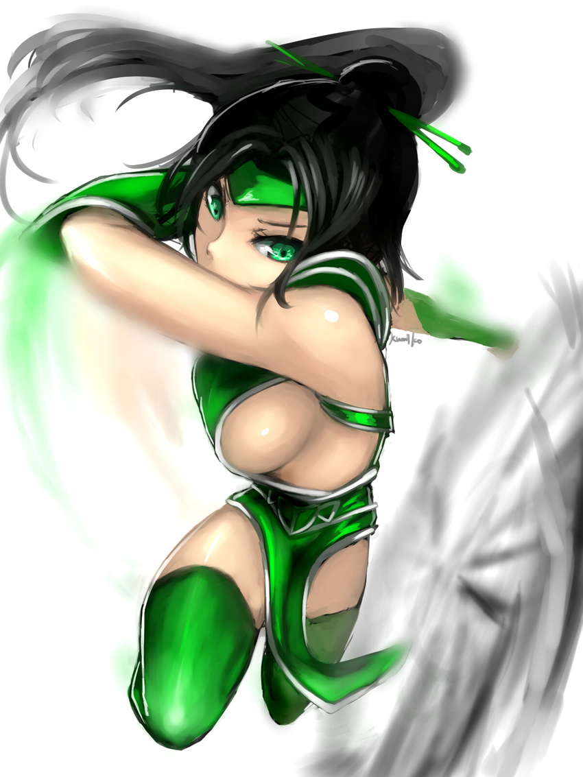 akali black_hair breasts forehead_protector green_eyes green_legwear hair_ornament hair_stick highres kumiko_shiba large_breasts league_of_legends long_hair motion_blur ponytail shoulder_pads sideboob solo thighhighs vambraces weapon