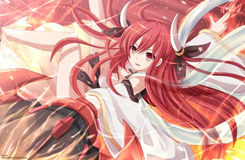 ahoge breasts cleavage date_a_live detached_sleeves fire highres itsuka_kotori kazenokaze long_hair medium_breasts open_mouth red_eyes red_hair solo twintails very_long_hair weapon wide_sleeves