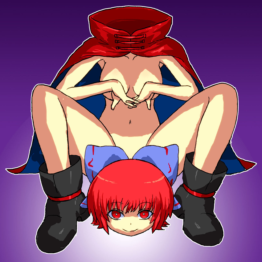 boots bow breasts cape censored convenient_censoring gomi_ichigo gradient gradient_background hair_bow headless highres medium_breasts naked_cape navel novelty_censor nude nukekubi red_eyes red_hair sekibanki short_hair sitting smile solo spread_legs touhou