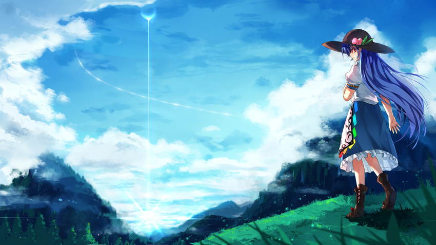 baisi_shaonian blue_hair blue_sky cloud day energy_ball energy_beam food forest fruit grass hat highres hinanawi_tenshi landscape long_hair looking_at_viewer looking_back mountain nature outdoors peach puffy_sleeves red_eyes shirt short_sleeves skirt sky solo touhou very_long_hair