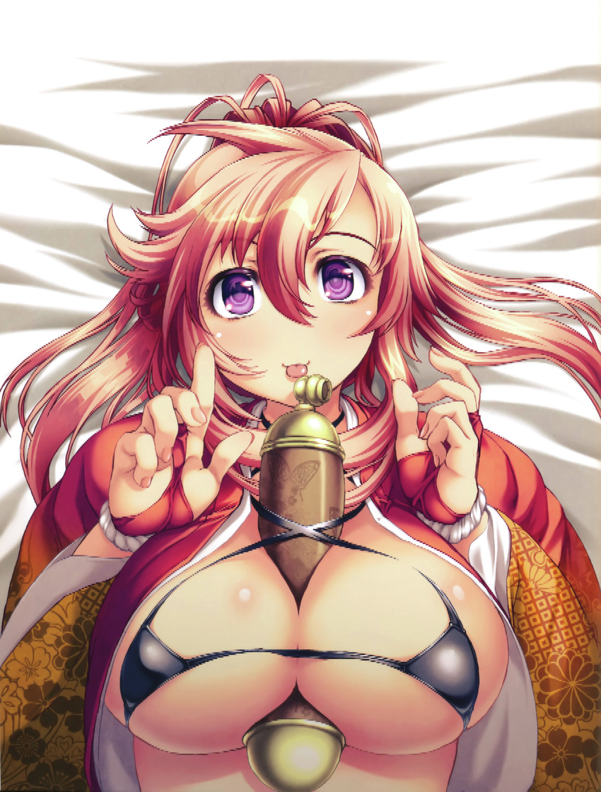 absurdres blush breasts highres hyakka_ryouran_samurai_girls large_breasts maeda_keiji_(hyakka_ryouran) purple_eyes tagme tongue