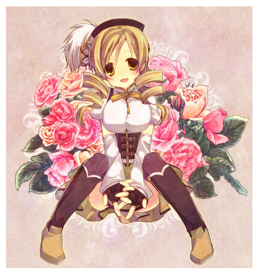 bad_id bad_pixiv_id beret blonde_hair bouquet detached_sleeves drill_hair fingerless_gloves flower gloves hat highres long_hair mahou_shoujo_madoka_magica open_mouth rose sitting skirt smile solo tahya thighhighs tomoe_mami twin_drills twintails yellow_eyes
