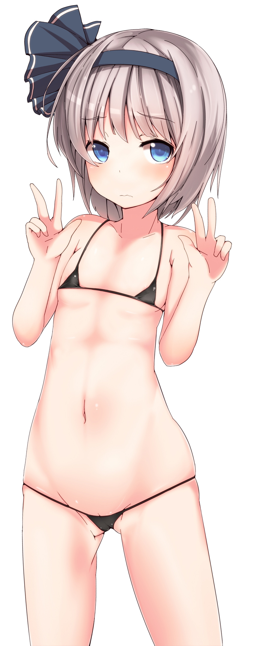 absurdres areola_slip areolae bikini blue_eyes blush double_v embarrassed flat_chest hairband hal_(ojou) highres konpaku_youmu lowleg micro_bikini pussy_peek short_hair silver_hair simple_background solo swimsuit touhou v white_background