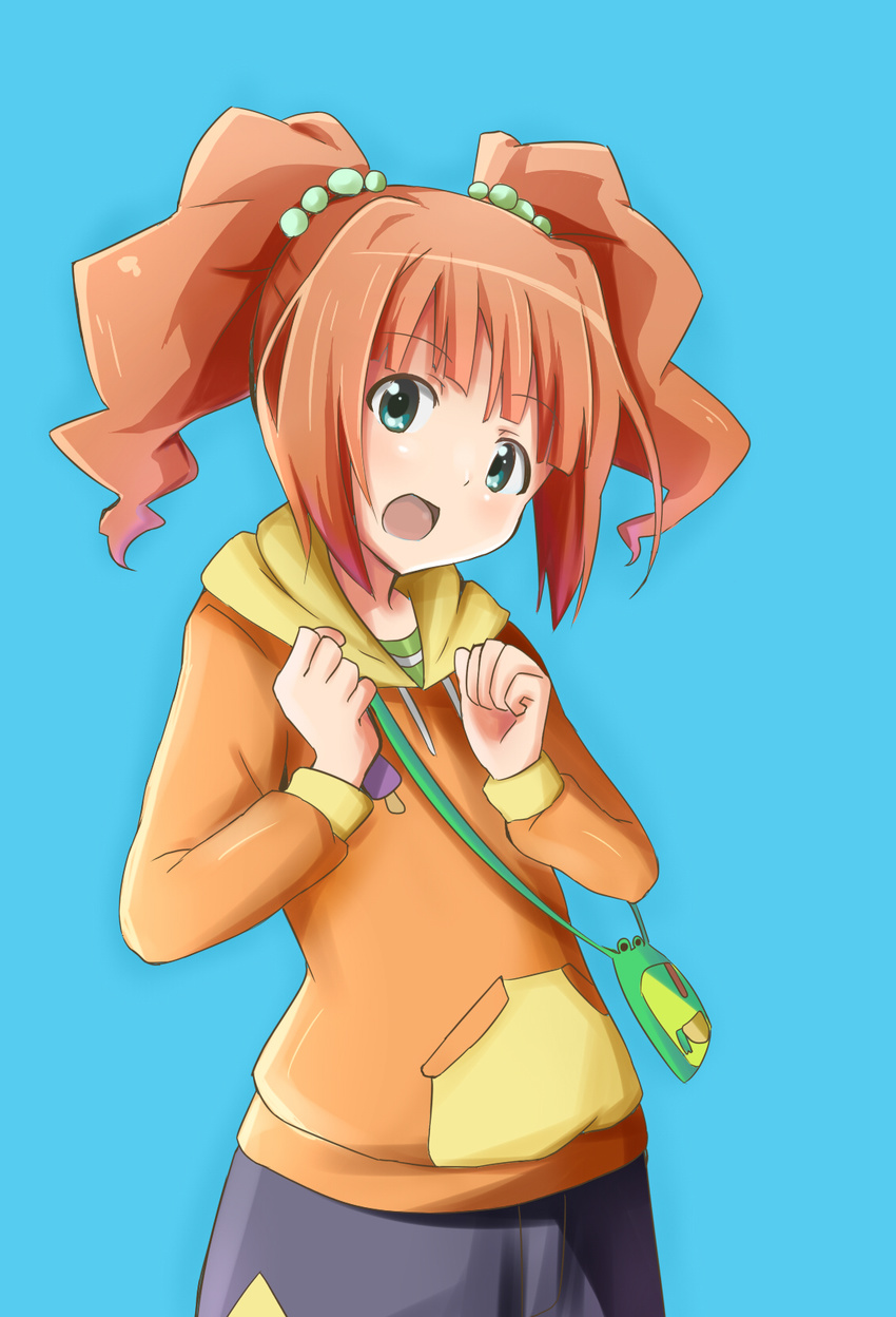 aqua_eyes bag blue_background blush highres idolmaster idolmaster_(classic) long_sleeves open_mouth orange_hair rariemonn short_hair solo takatsuki_yayoi twintails