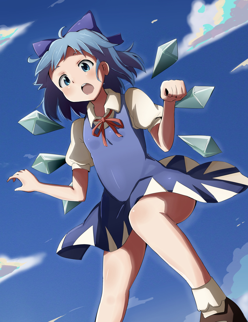 absurdres ahoge blue_eyes blue_hair bow cirno cloud day detached_wings hair_bow highres ice ice_wings open_mouth puffy_sleeves rariemonn short_hair short_sleeves sky solo touhou wings