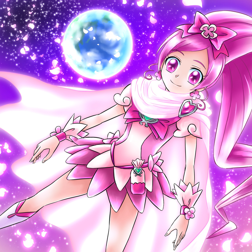 absurdres bad_id bad_pixiv_id boots bow cure_blossom dutch_angle hair_bow hanasaki_tsubomi heartcatch_precure! highres knee_boots long_hair magical_girl petals pink pink_bow pink_eyes pink_hair planet ponytail precure purple_background ribbon rintarou_hayashi scarf skirt smile solo wrist_cuffs