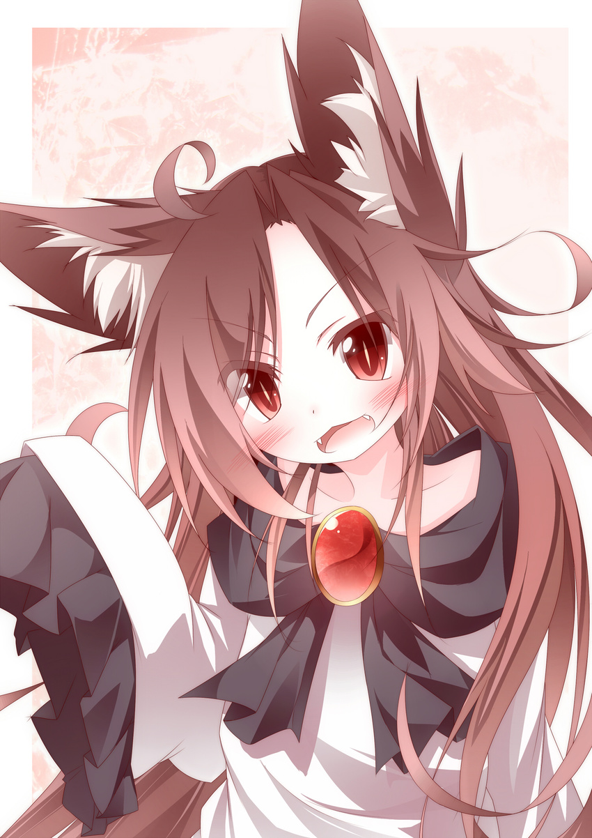 animal_ears blush brooch brown_hair daidai_ookami fangs highres imaizumi_kagerou jewelry long_hair long_sleeves looking_at_viewer open_mouth red_eyes shirt slit_pupils solo touhou very_long_hair wide_sleeves wolf_ears