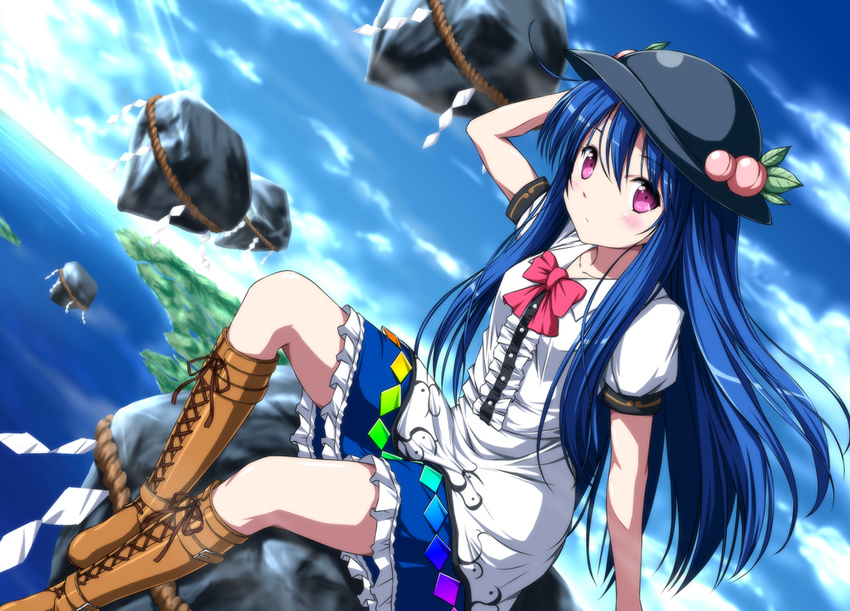 bad_id bad_pixiv_id belt_boots blue_hair blue_sky boots bow cloud cross-laced_footwear day dutch_angle floating_rock food fruit hand_on_headwear hat hinanawi_tenshi lace-up_boots long_hair looking_at_viewer nori_tamago ocean peach pink_eyes puffy_sleeves rock rope shimenawa shirt short_sleeves sitting_on_rock skirt sky solo touhou very_long_hair