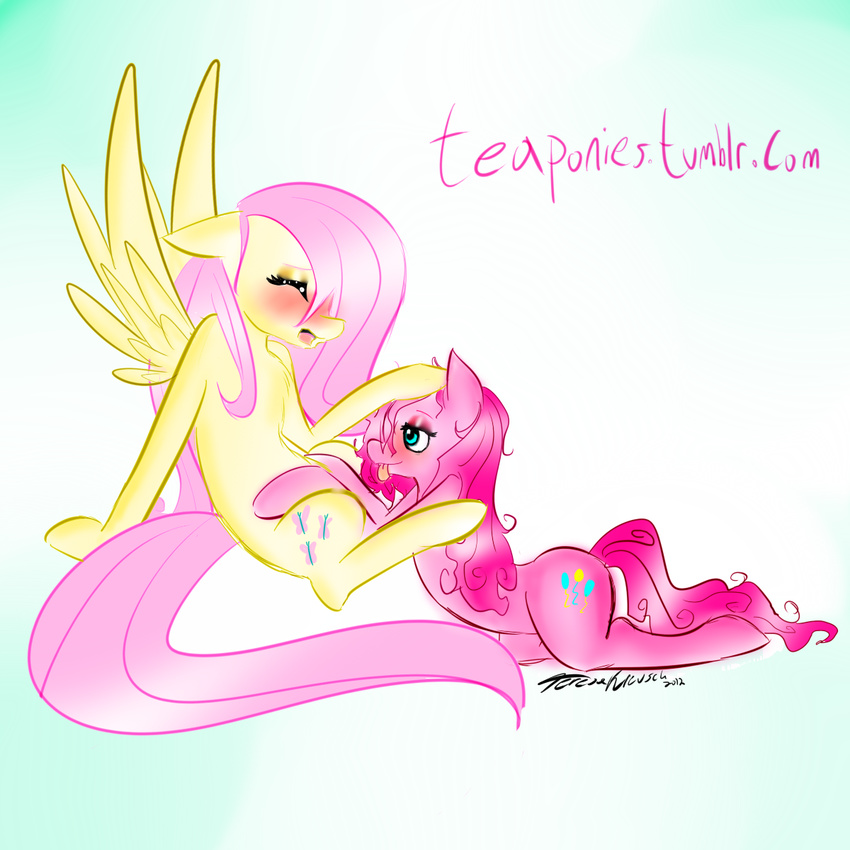 blush cutie_mark duo english_text equine female feral fluttershy_(mlp) friendship_is_magic fur hair horse lesbian mammal mrfatcakes my_little_pony pegasus pink_fur pink_hair pinkie_pie_(mlp) pony signature teaponies text tongue tongue_out wings yellow_fur