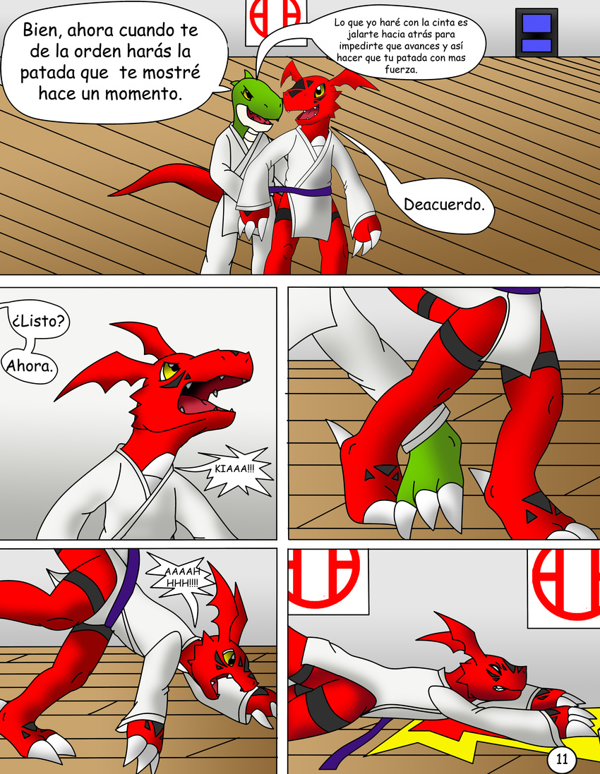 age_difference comic crying digimon forced guilmon hector21314 hi_res karate scalie spanish_text tears text translation_request violence