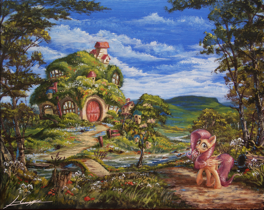 basket birdhouse blue_eyes bridge cloud cottage equine female feral flower fluttershy_(mlp) friendship_is_magic fur grass hair house huussii looking_at_viewer looking_back mammal my_little_pony outside pegasus pink_hair river scenery sky solo standing traditional_media tree wings yellow_fur