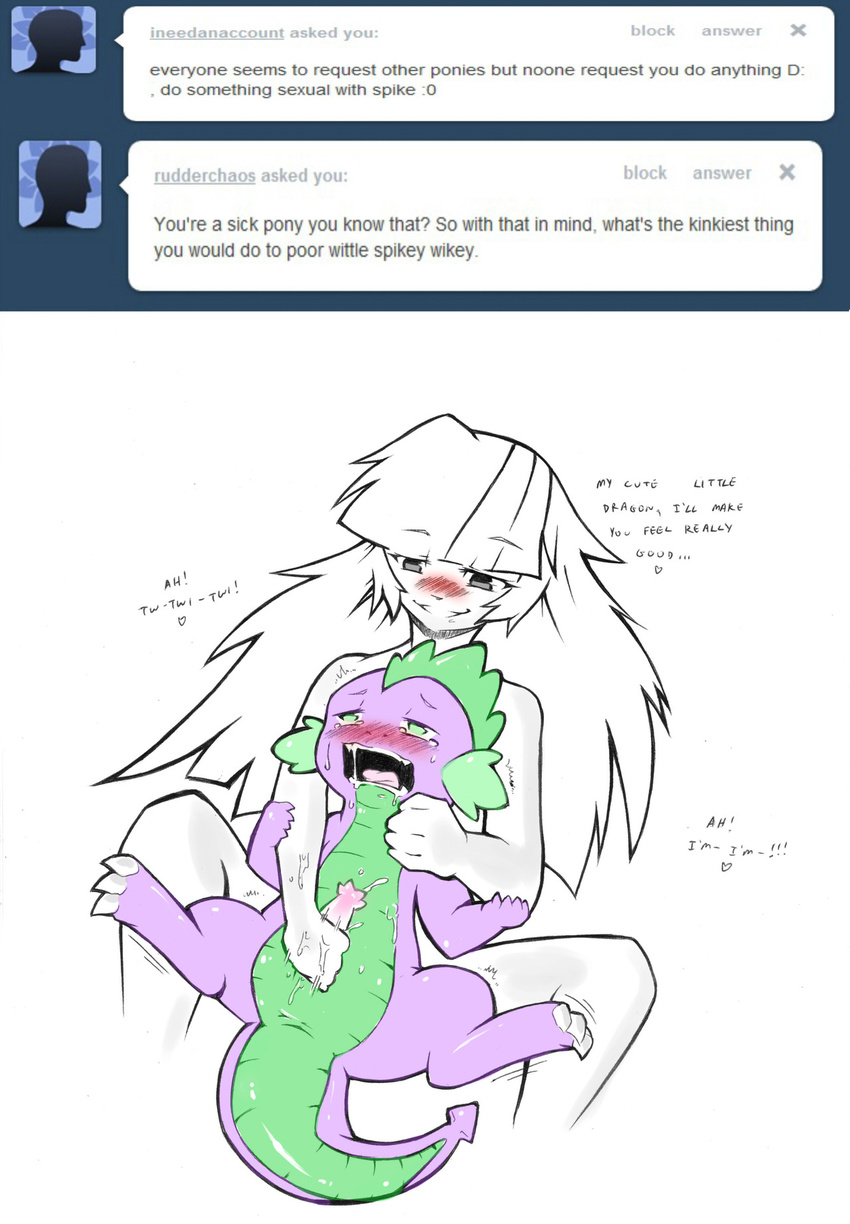 &lt;3 age_difference anthro blush cold-blooded-twilight cub cum cum_on_hand dragon duo english_text female friendship_is_magic green_eyes handjob human human_on_anthro humanized interspecies male mammal my_little_pony penis plain_background purple_body sex smile spike_(mlp) straight text tumblr twilight_sparkle_(mlp) white_background young