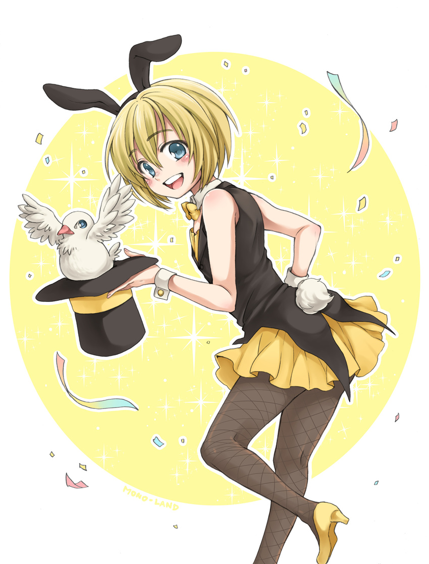 animal_ears armin_arlert bird blonde_hair blue_eyes bow bowtie bunny_boy bunny_ears bunny_tail bunnysuit crossdressing detached_collar fishnet_pantyhose fishnets hat highres mono_land open_mouth otoko_no_ko pantyhose shingeki_no_kyojin short_hair smile tail top_hat usamin wrist_cuffs