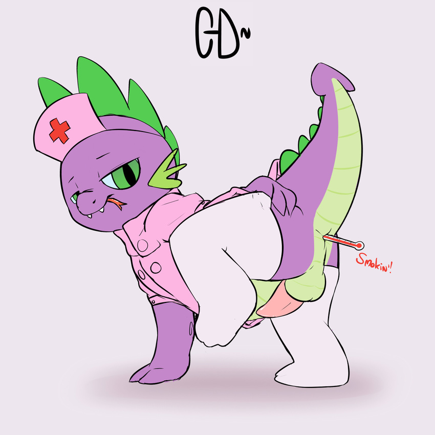 2013 anal anal_insertion anal_penetration anus balls clopper-dude clothed clothing crossdressing cub dragon english_text forked_tongue friendship_is_magic girly green_eyes insertion male my_little_pony nurse nurse_uniform penetration penis plain_background purple_body scalie solo spike_(mlp) text thermometer tongue tongue_out white_background young