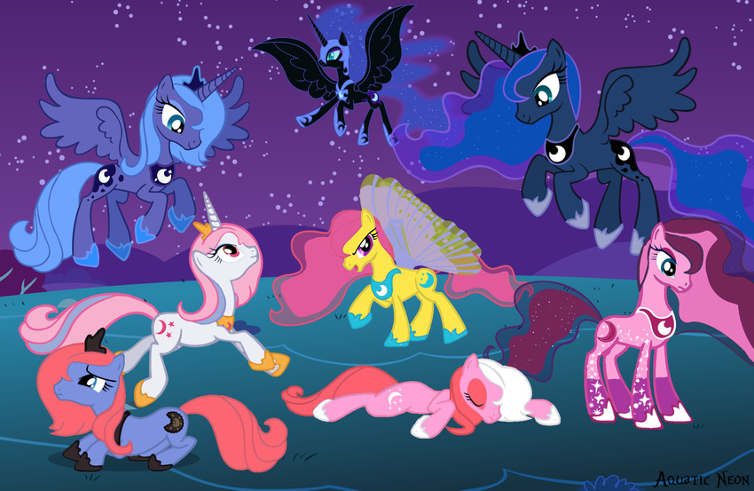 aquaticneon blue_fur crown cutie_mark equine female feral friendship_is_magic fur group hair horn horse mammal midnight_dream_(mlp) moon_shadow_(mlp) moondancer_(mlp) my_little_pony night nightmare_moon_(mlp) outside pink_fur pony princess princess_luna_(mlp) princess_sapphire_(mlp) royalty square_crossover starry_wings_(mlp) two_tone_hair unicorn winged_unicorn wings