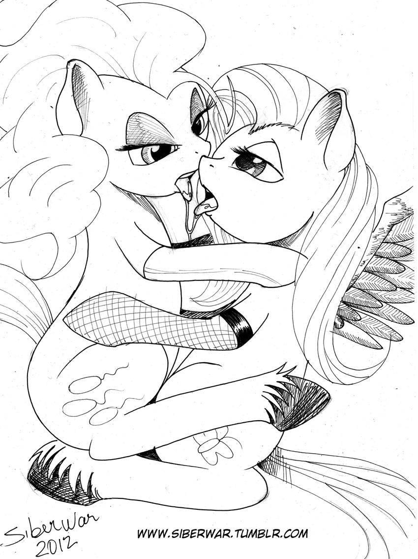 cutie_mark duo elbow_gloves english_text equine eye_contact female feral fluttershy_(mlp) friendship_is_magic gloves greyscale horse lesbian mammal monochrome my_little_pony pegasus pinkie_pie_(mlp) plain_background pony saliva saliva_string siberwar text white_background wings