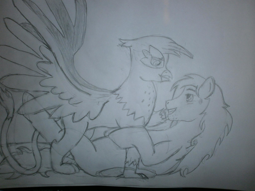 absurd_res avian black_and_white blush duo equine female feral friendship_is_magic gilda_(mlp) gryphon hair hand_drawn hi_res horse interspecies male mammal mane monochrome my_little_pony on_top open_mouth pegasus pony rory_kenneigh rorykenneigh straight suggestive sweat wings