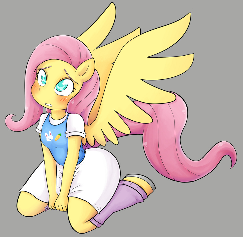 anthro anthrofied basketgardevoir blush clothed clothing equine female fluttershy_(mlp) friendship_is_magic fur green_eyes grey_background hair horse kneeling mammal my_little_pony pegasus pink_hair plain_background pony shirt sitting skirt socks solo spread_wings wings yellow_fur
