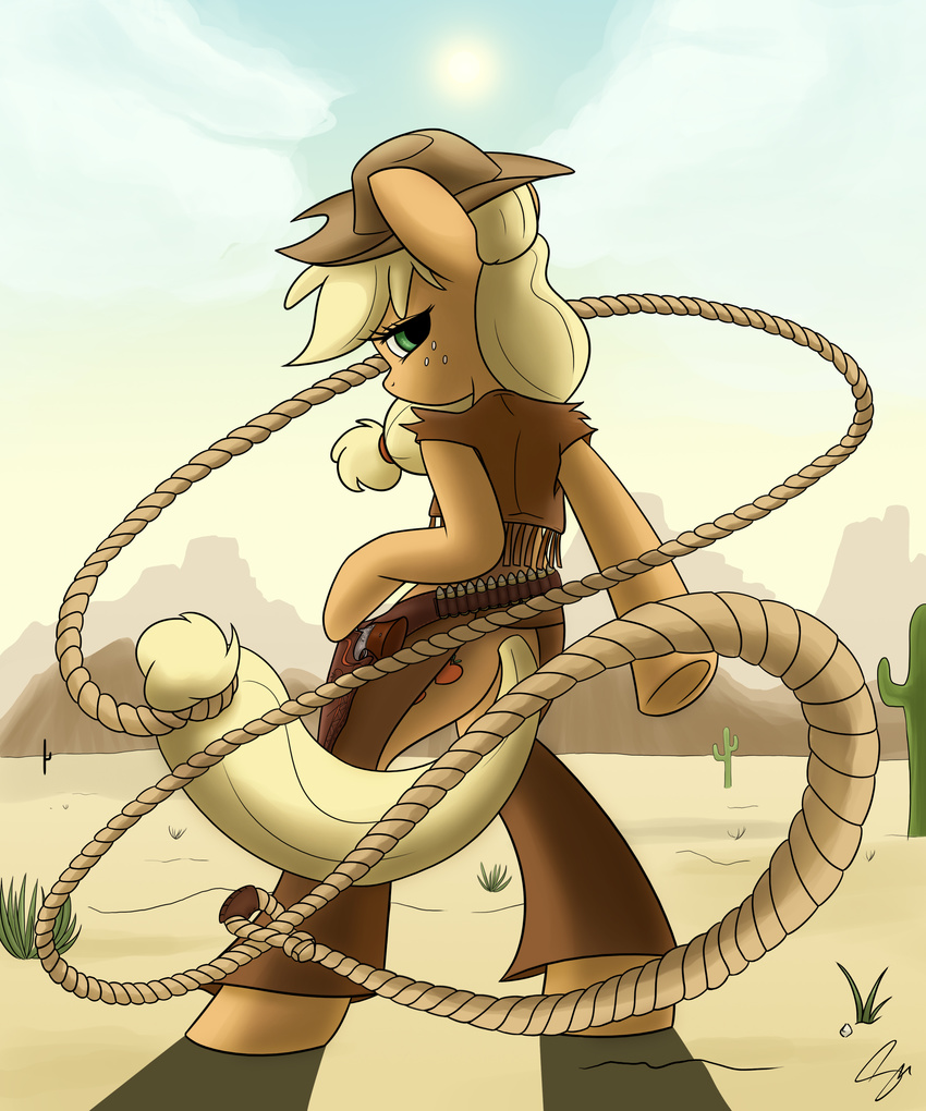 ammo_belt anthro anthrofied applejack_(mlp) assless_chaps blonde_hair bullets cactus chaps clothed clothing cloud clouds cowboy cowboy_hat cowgirl cutie_mark desert equine female freckles friendship_is_magic fringe fur grass green_eyes gun hair hairband half-closed_eyes hat hi_res holster horse jacket lasso looking_at_viewer looking_back mammal mountain my_little_pony orange_fur outside pants pistol pony ponytail ranged_weapon revolver rope signature sky solo steffy-beff sun vest weapon