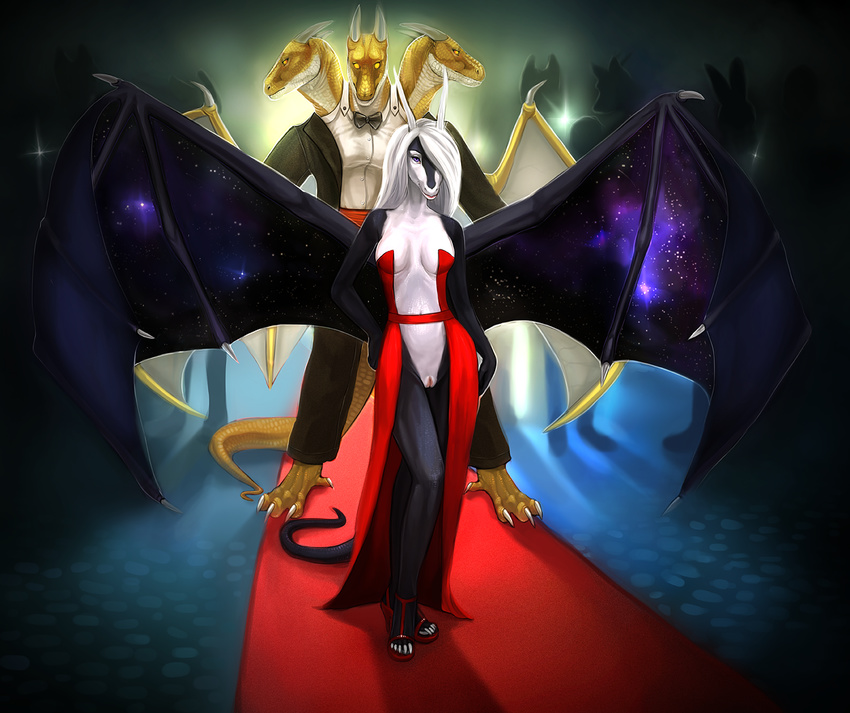 breasts claws dragon dress female hair horn hydra kirianna koan_mascus pussy red_carpet rithnok theowlette toe_claws tuxedo virgin white_hair wings