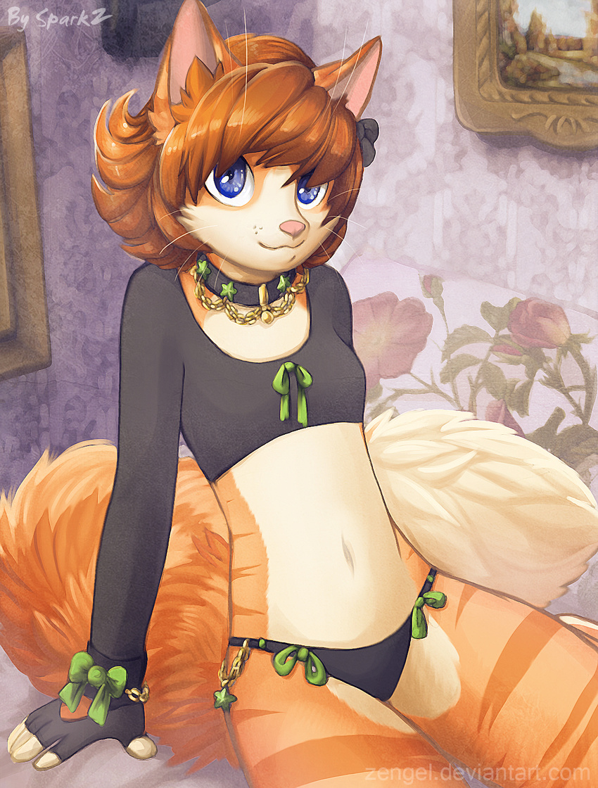 black_clothing blue_eyes breasts cat chain clothed clothing collar cute feline female gloves gold hair iskra iskra_(character) looking_at_viewer mammal navel orange_hair panties pink_nose red_hair ribbons skimpy small_breasts smile solo stripes underwear whiskers young