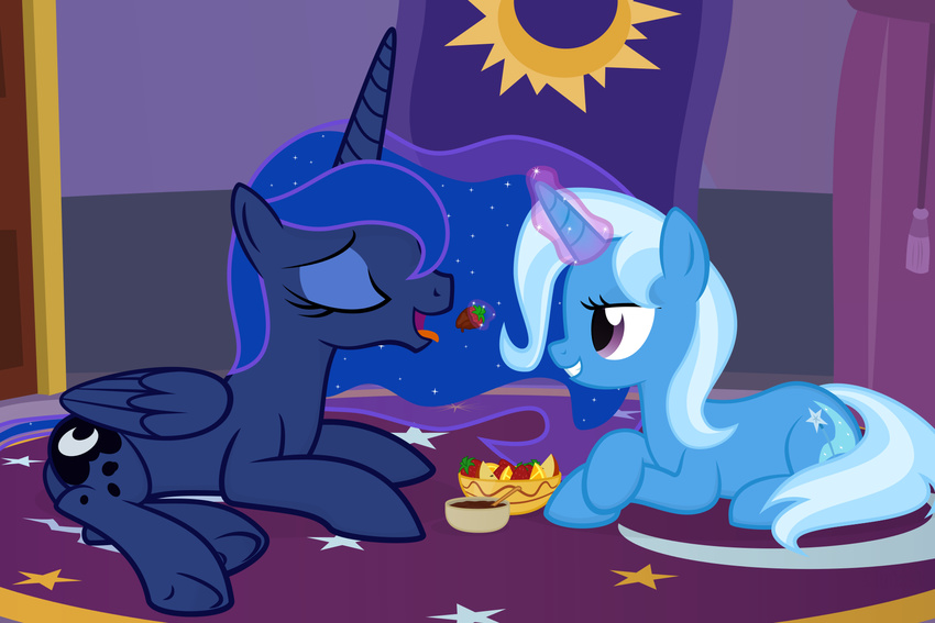 bed blue_body chocolate equine eyes_closed female feral friendship_is_magic fruit hair horn mammal my_little_pony princess_luna_(mlp) purple_body purple_eyes purple_hair strawberry trixie_(mlp) unicorn white_hair winged_unicorn wings
