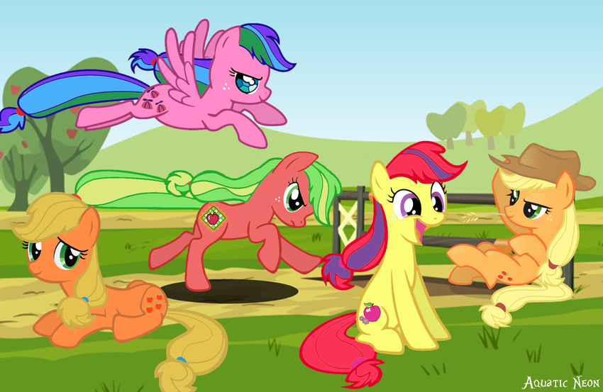 applejack_(mlp) applejack_(mlp)_(g1) applejack_(mlp)_(g3) aquatic_neon aquaticneon blonde_hair blue_eyes cowboy_cat crossover cutie_mark equine excited female feral freckles friendship_is_magic fur green_eyes green_hair group hair horse mammal my_little_pony my_little_pony_tales orange_fur outside pink_fur pony red_fur tree two_tone_hair whizzer_(mlp)_(g1)