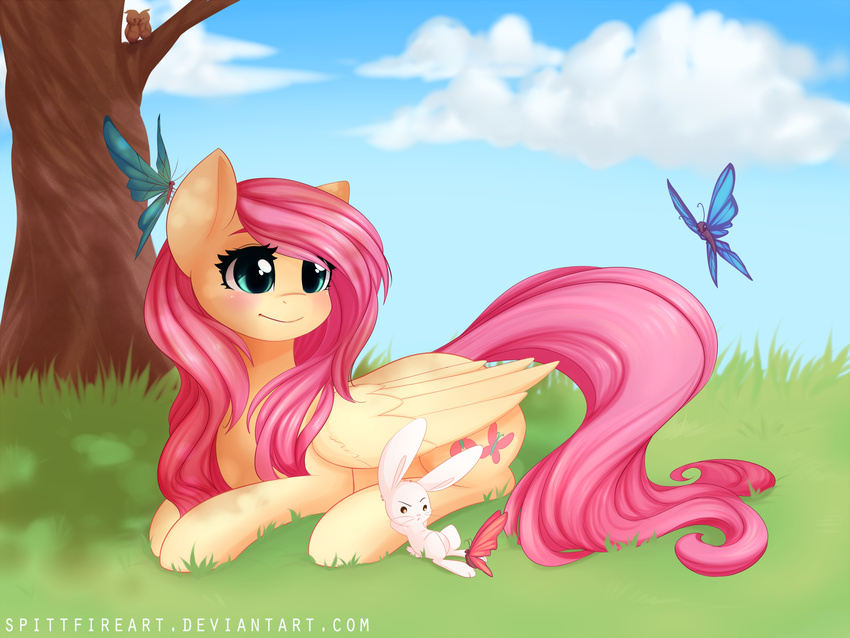 angel_(mlp) arthropod blue_eyes blush butterfly cloud cutie_mark equine female feral fluttershy_(mlp) flying friendship_is_magic grass hair horse insect lagomorph lying mammal my_little_pony outside pegasus pink_hair pony rabbit sky spittfire tree wings
