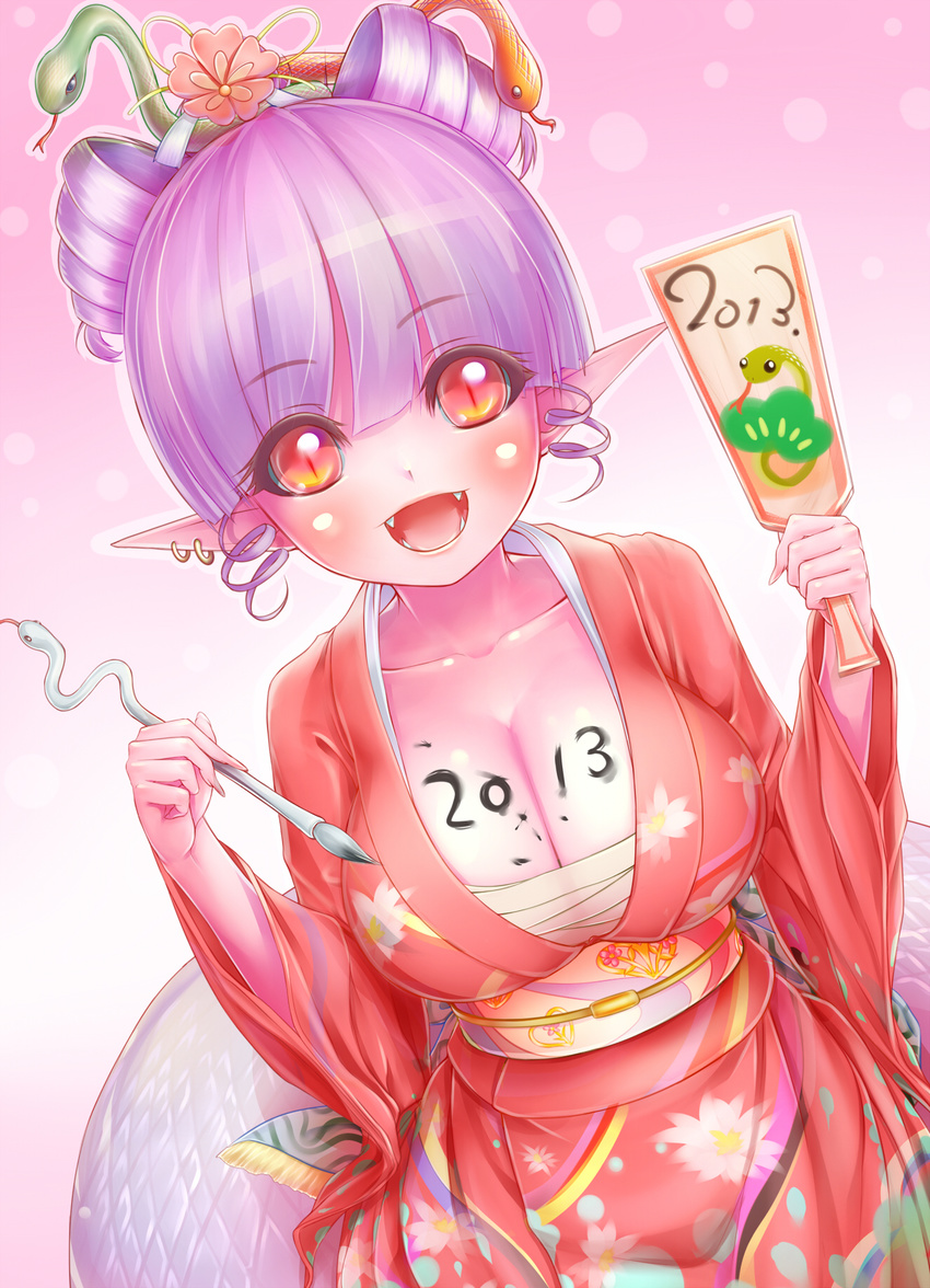 2013 :d blush body_writing breasts brush cleavage collarbone drill_hair earrings eyebrows_visible_through_hair fangs flower hagoita hair_flower hair_ornament highres irudana japanese_clothes jewelry kimono lamia large_breasts looking_at_viewer monster_girl new_year obi open_mouth original paddle pointy_ears purple_hair sarashi sash slit_pupils smile snake snake_hair_ornament solo
