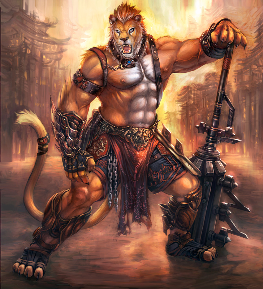anthro armor beast biceps big_muscles blue_eyes brown_fur chain cheetahpaws claws clothing detailed fangs feline front_view fur hair lion loincloth male mammal muscles nipples open_mouth pecs solo standing teeth toe_claws toned tongue topless vein warrior weapon white_fur