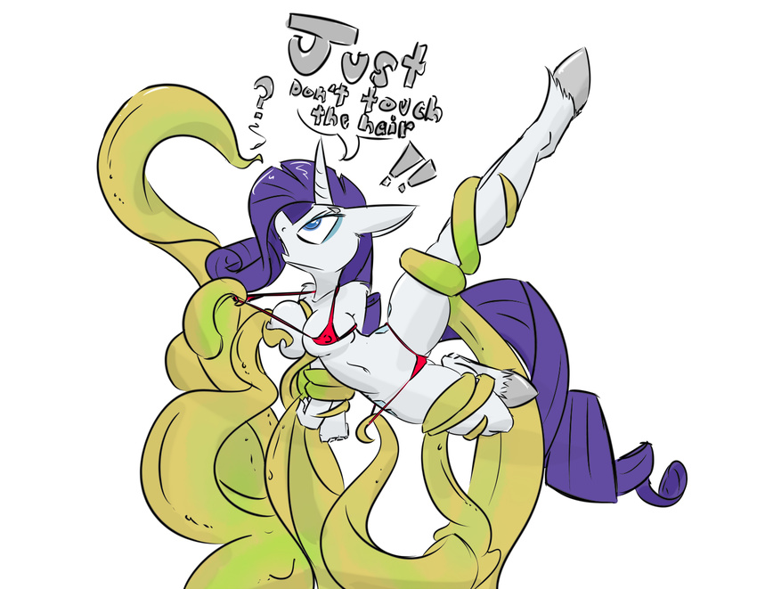 anthro anthrofied blue_eyes breasts clothed clothing cutie_mark dialog english_text equine female friendship_is_magic frumplechuck fur hair horn horse mammal my_little_pony nipples plain_background pony purple_hair rarity_(mlp) skimpy solo spread_legs spreading tentacles text unicorn white_background white_fur